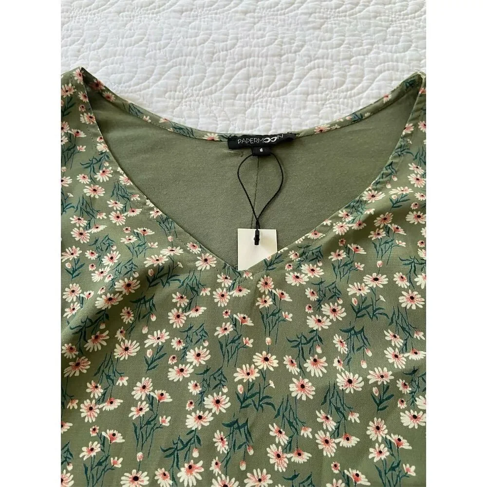 Papermoon Stitch Fix Ellie Green Floral V-Neck Top Size S Cap Sleeve - Picture 9 of 13